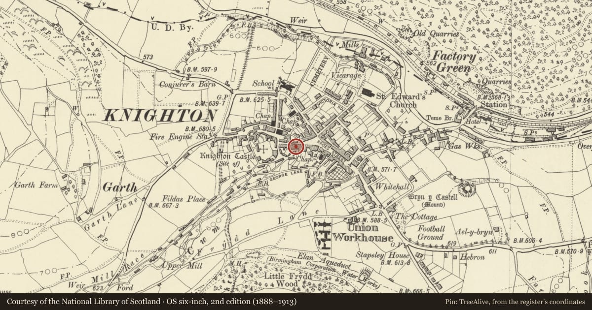 Ordnance Survey six-inch map, 2nd edition (1888–1913) covering the location of Narrows Pottery Shop, Knighton, Powys, with a pin at the register's coordinates