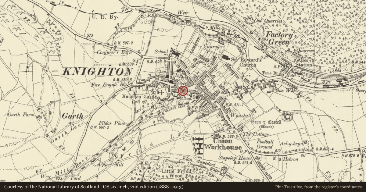 Ordnance Survey six-inch map, 2nd edition (1888–1913) covering the location of Francis, Knighton, Powys, with a pin at the register's coordinates