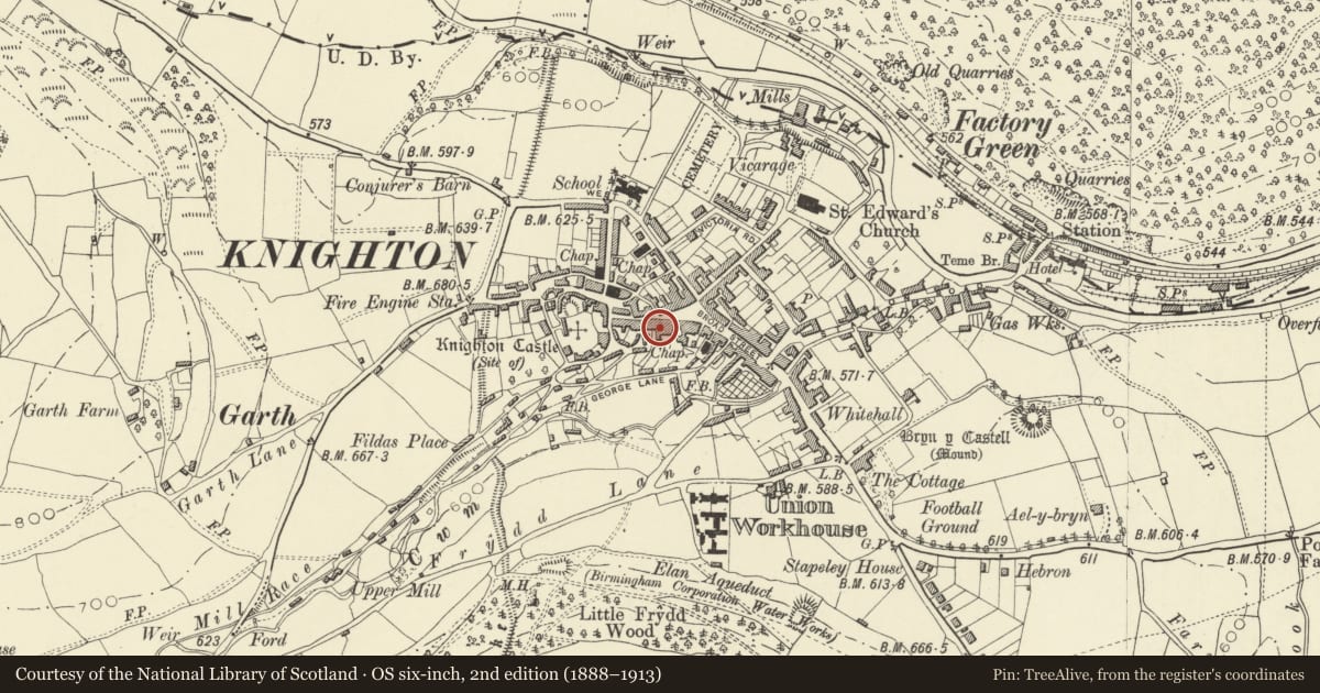 Ordnance Survey six-inch map, 2nd edition (1888–1913) covering the location of Brown's Bakers, Knighton, Powys, with a pin at the register's coordinates