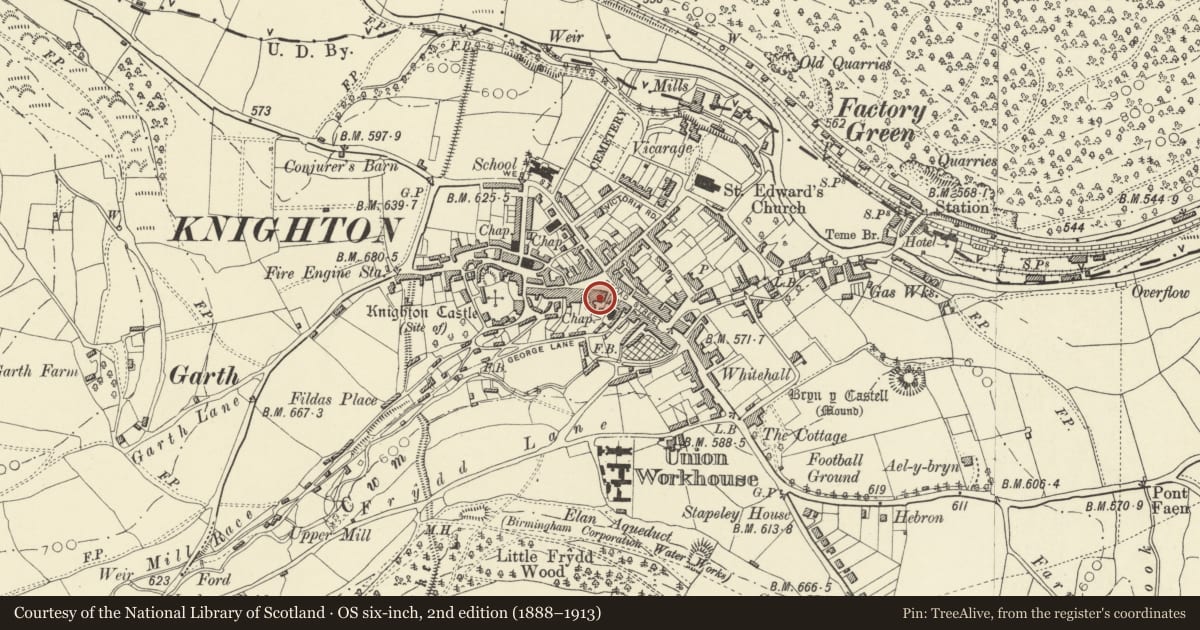 Ordnance Survey six-inch map, 2nd edition (1888–1913) covering the location of The Old House, Knighton, Powys, with a pin at the register's coordinates