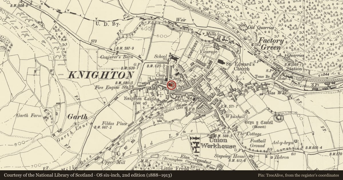 Ordnance Survey six-inch map, 2nd edition (1888–1913) covering the location of Hengoed House, Knighton, Powys, with a pin at the register's coordinates