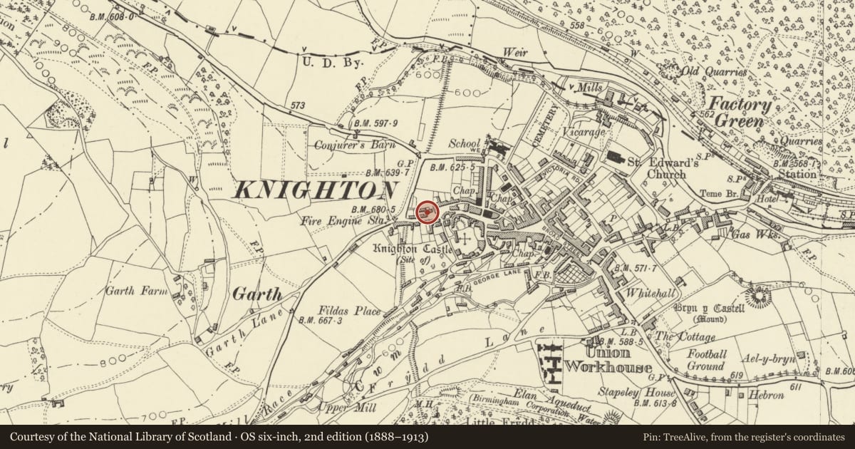 Ordnance Survey six-inch map, 2nd edition (1888–1913) covering the location of 21 Market Street, Knighton, Powys, with a pin at the register's coordinates