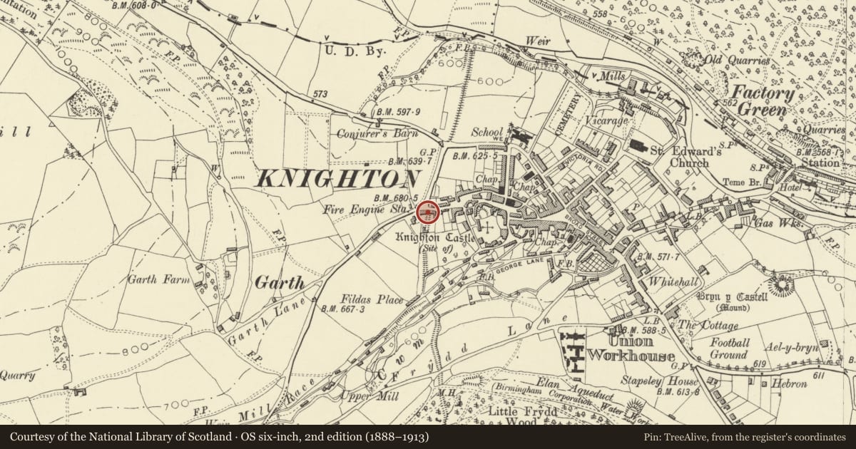 Ordnance Survey six-inch map, 2nd edition (1888–1913) covering the location of 31 Market Street, Knighton, Powys, with a pin at the register's coordinates