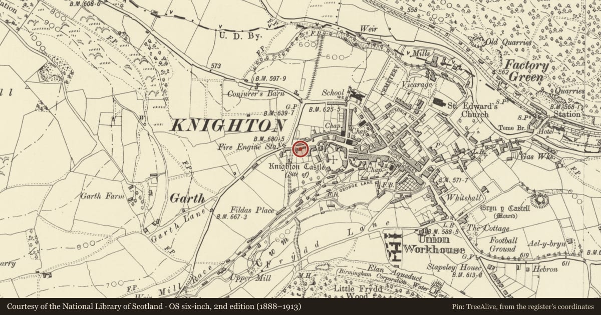 Ordnance Survey six-inch map, 2nd edition (1888–1913) covering the location of The Harp (formerly The Police Station), Knighton, Powys, with a pin at the register's coordinates