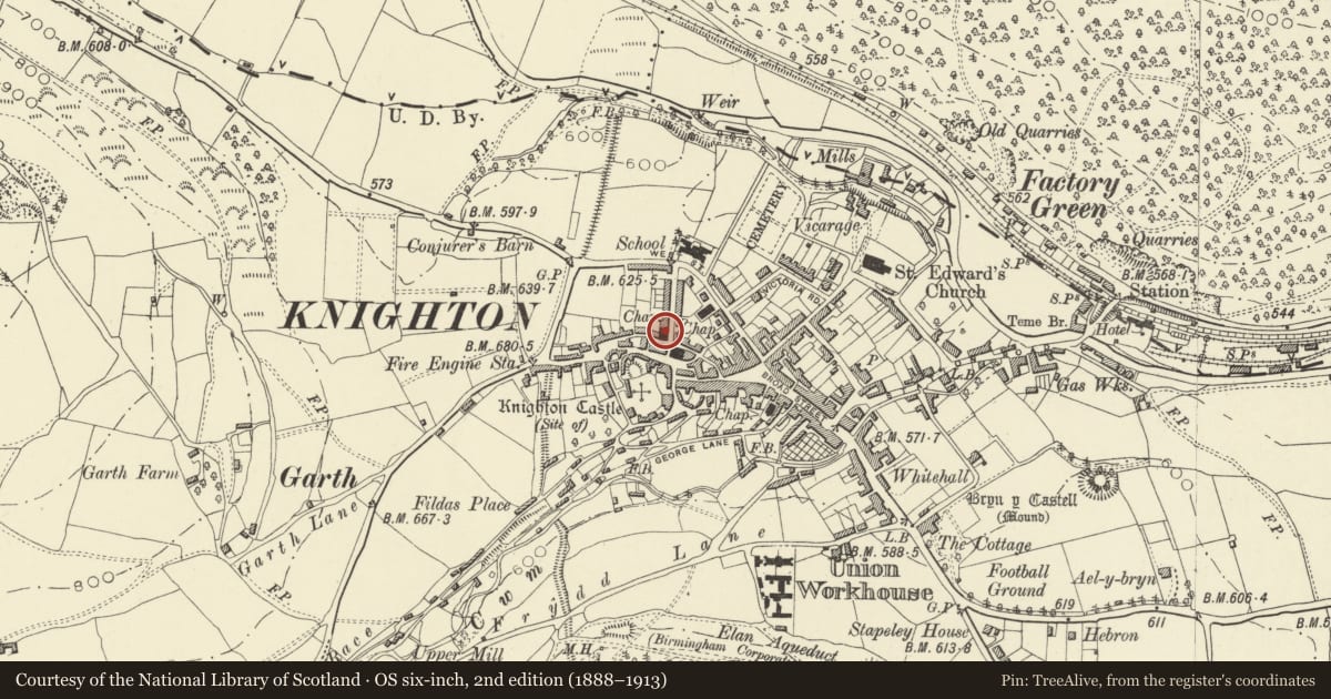 Ordnance Survey six-inch map, 2nd edition (1888–1913) covering the location of Baptist Church, Knighton, Powys, with a pin at the register's coordinates