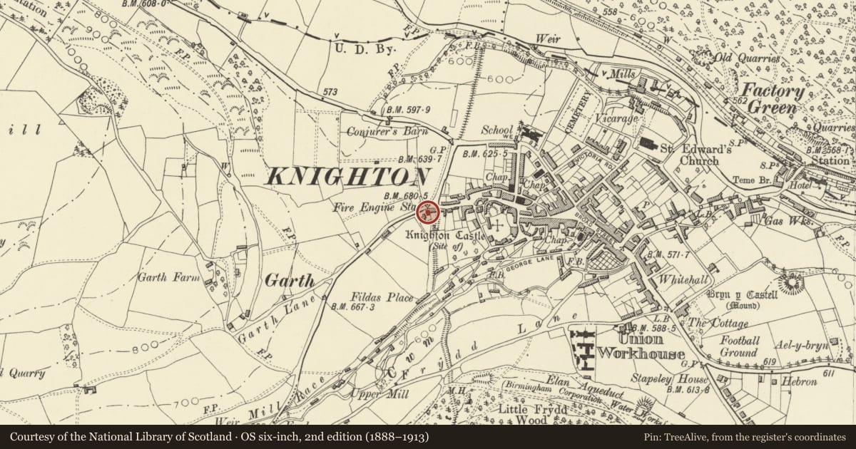 Ordnance Survey six-inch map, 2nd edition (1888–1913) covering the location of Old Fire Station, Knighton, Powys, with a pin at the register's coordinates
