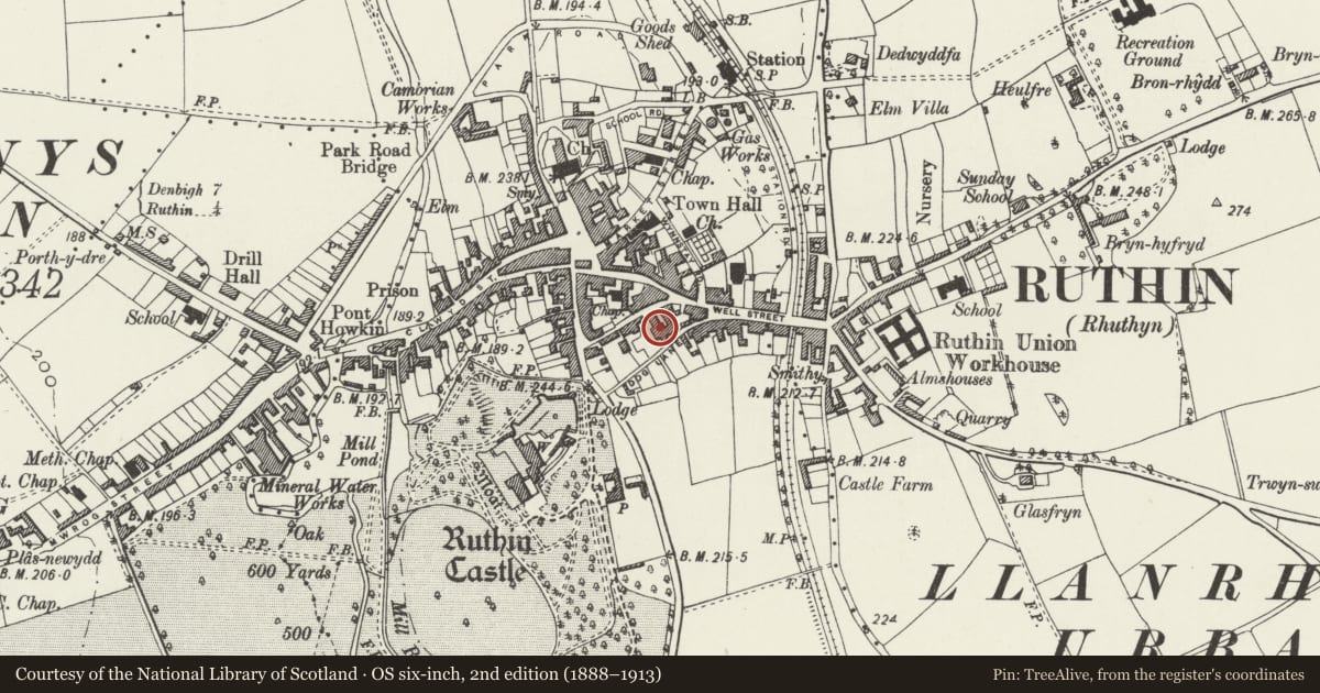 Ordnance Survey six-inch map, 2nd edition (1888–1913) covering the location of Ruthin Library, Denbighshire, with a pin at the register's coordinates