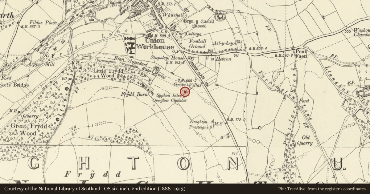 Ordnance Survey six-inch map, 2nd edition (1888–1913) covering the location of Downton Inlet House, Knighton, Powys, with a pin at the register's coordinates