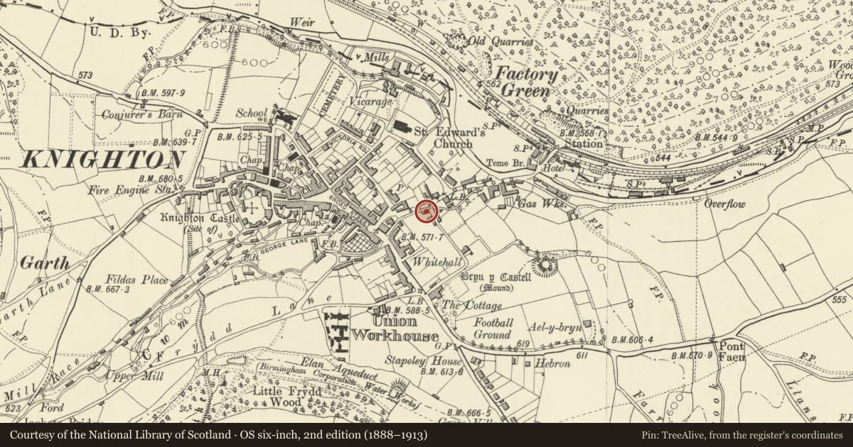 Ordnance Survey six-inch map, 2nd edition (1888–1913) covering the location of The Old Workshop (formerly Knighton Baptist Chapel), Powys, with a pin at the register's coordinates
