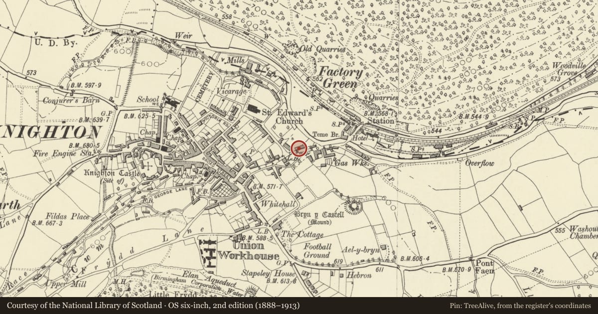 Ordnance Survey six-inch map, 2nd edition (1888–1913) covering the location of 23 Station Road, Knighton, Powys, with a pin at the register's coordinates