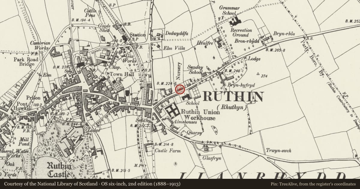 Ordnance Survey six-inch map, 2nd edition (1888–1913) covering the location of Rose Cottage, Ruthin, Denbighshire, with a pin at the register's coordinates