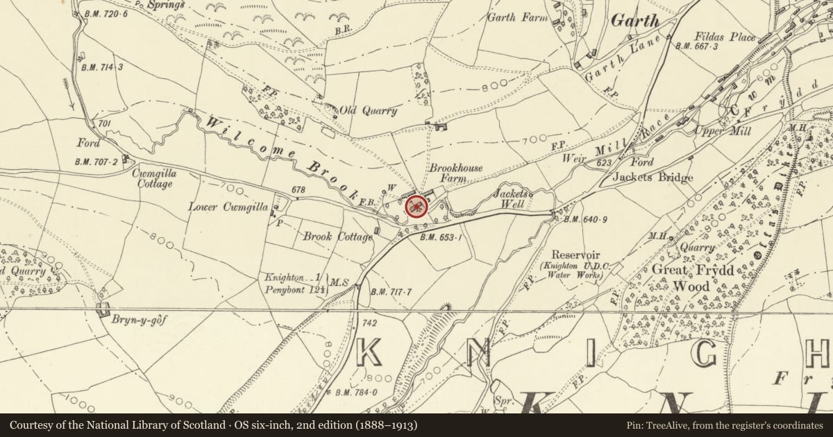 Ordnance Survey six-inch map, 2nd edition (1888–1913) covering the location of Brookhouse Farmhouse, Knighton, Powys, with a pin at the register's coordinates