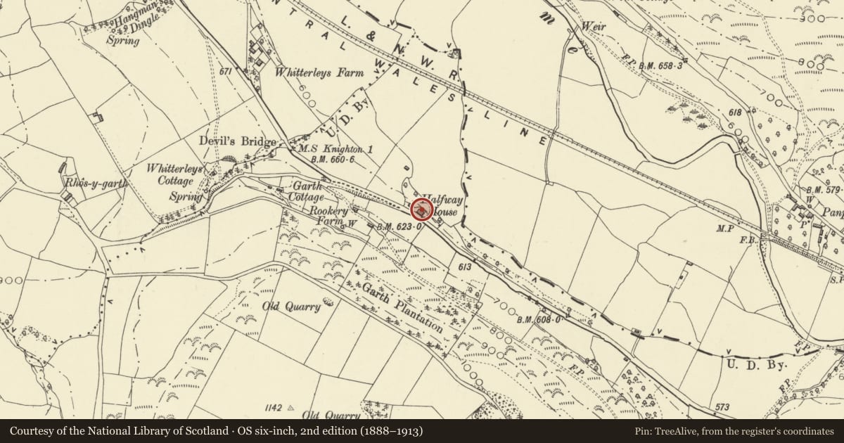 Ordnance Survey six-inch map, 2nd edition (1888–1913) covering the location of Halfway House, Knighton, Powys, with a pin at the register's coordinates