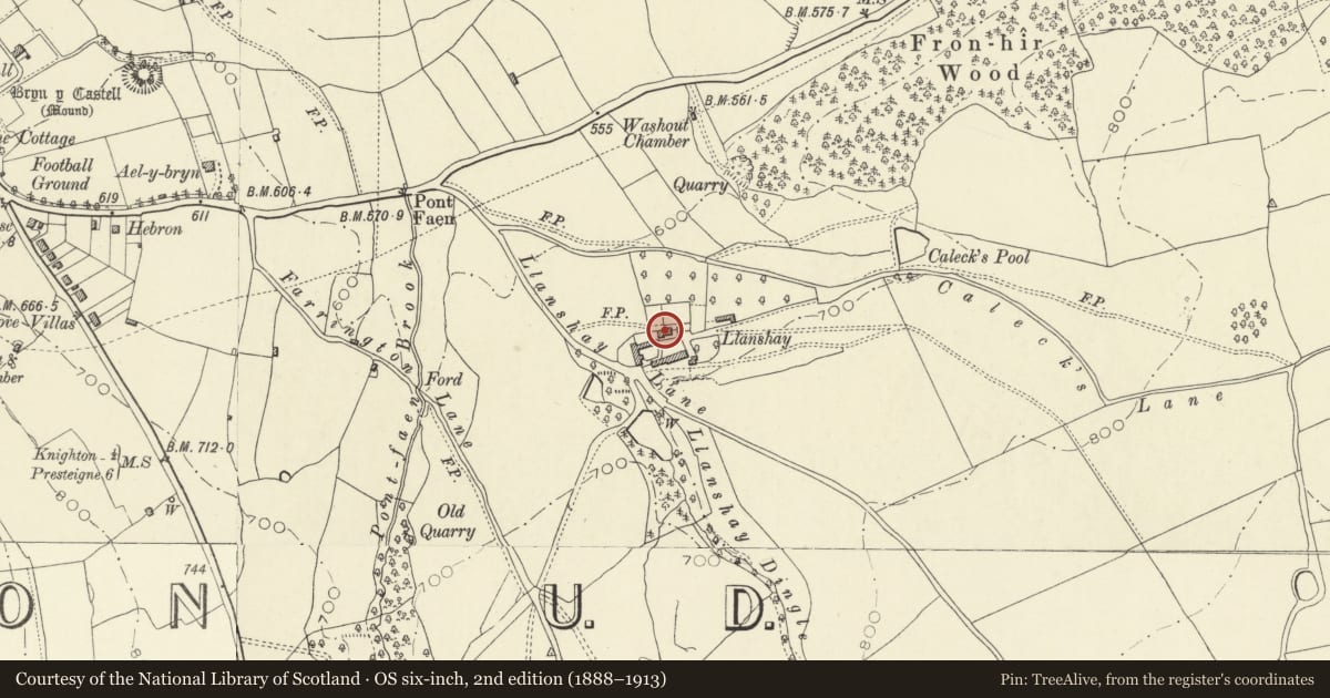 Ordnance Survey six-inch map, 2nd edition (1888–1913) covering the location of Llanshay Farmhouse, Knighton, Powys, with a pin at the register's coordinates