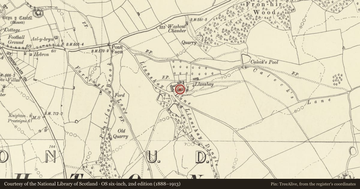 Ordnance Survey six-inch map, 2nd edition (1888–1913) covering the location of Long Barn to South of Llanshay Farmhouse, Knighton, Powys, with a pin at the register's coordinates