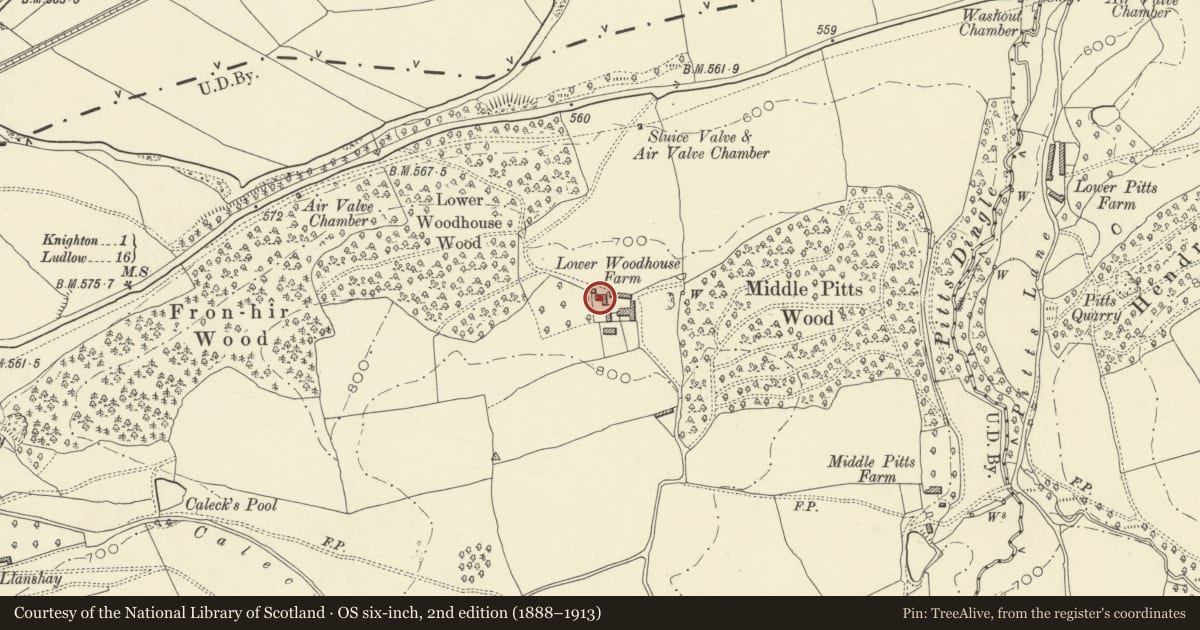 Ordnance Survey six-inch map, 2nd edition (1888–1913) covering the location of Lower Woodhouse Farmhouse, Knighton, Powys, with a pin at the register's coordinates