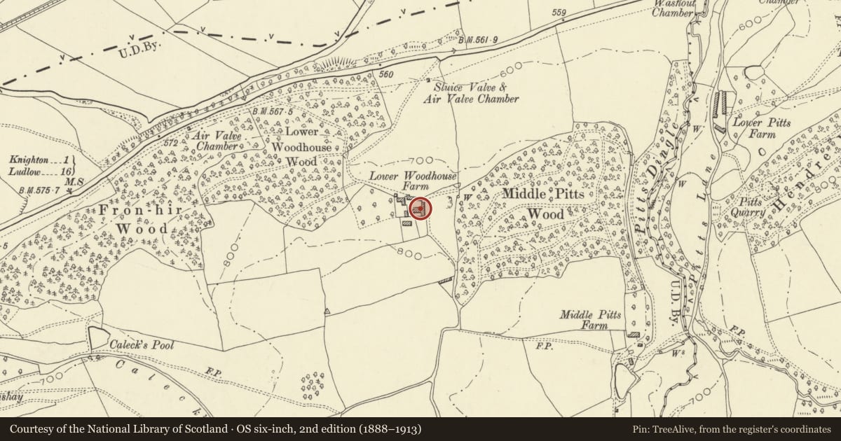 Ordnance Survey six-inch map, 2nd edition (1888–1913) covering the location of Long Barn Range at Lower Woodhouse Farmhouse, Knighton, Powys, with a pin at the register's coordinates