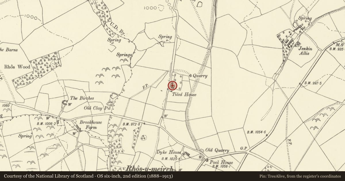 Ordnance Survey six-inch map, 2nd edition (1888–1913) covering the location of Tiled House, Whitton, Powys, with a pin at the register's coordinates