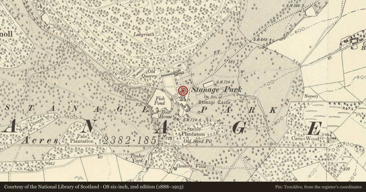 Ordnance Survey six-inch map, 2nd edition (1888–1913) covering the location of Stanage Park, Knighton, Powys, with a pin at the register's coordinates