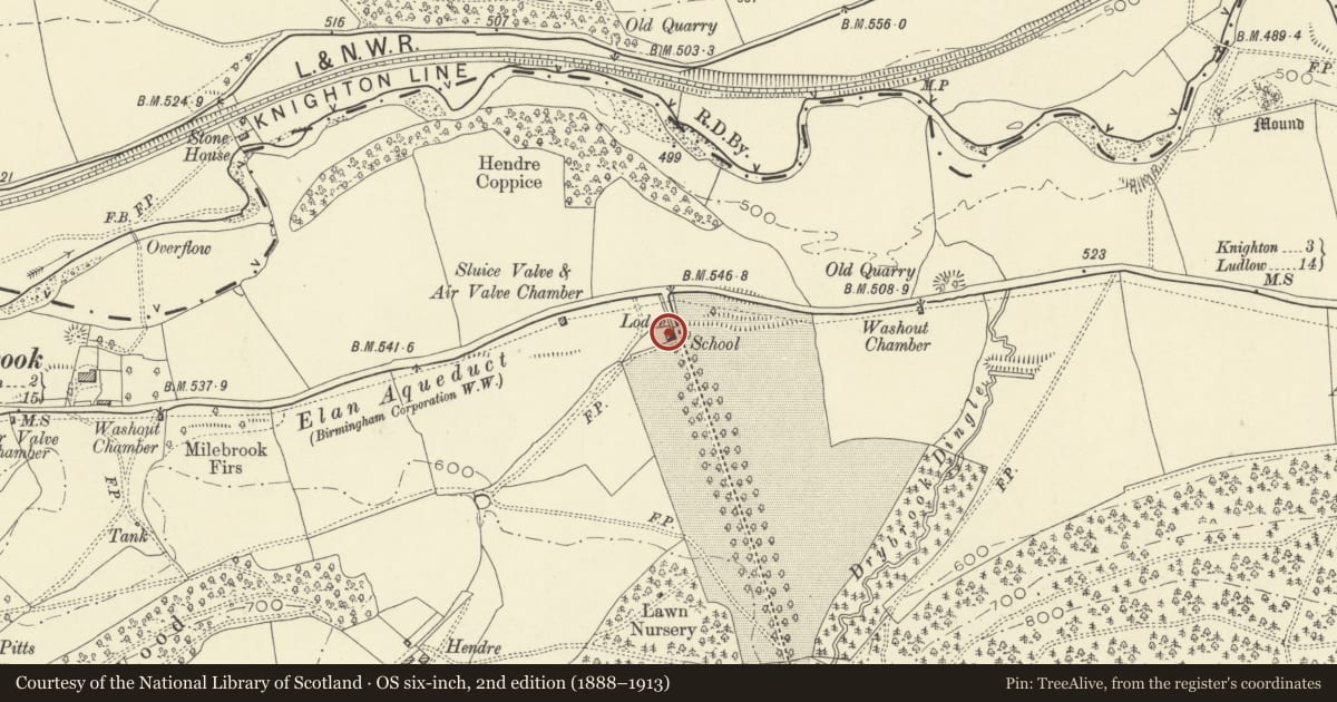 Ordnance Survey six-inch map, 2nd edition (1888–1913) covering the location of Lodge to Stanage Park (formerly a School), Knighton, Powys, with a pin at the register's coordinates