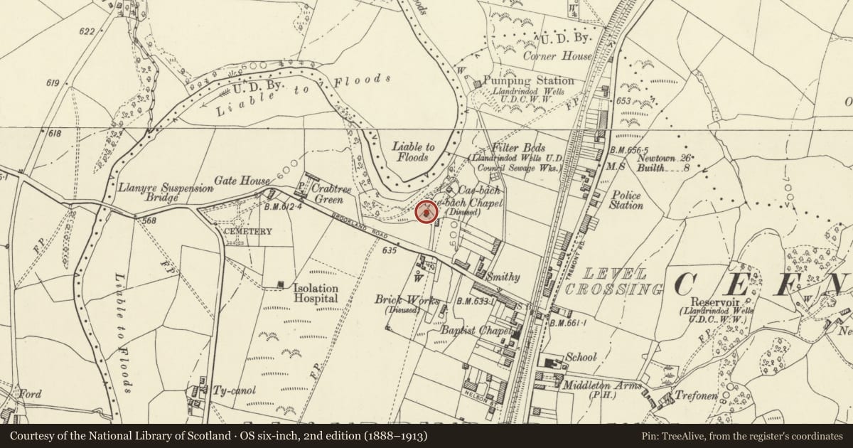 Ordnance Survey six-inch map, 2nd edition (1888–1913) covering the location of Cae-Bach Chapel, Llandrindod Wells, Powys, with a pin at the register's coordinates