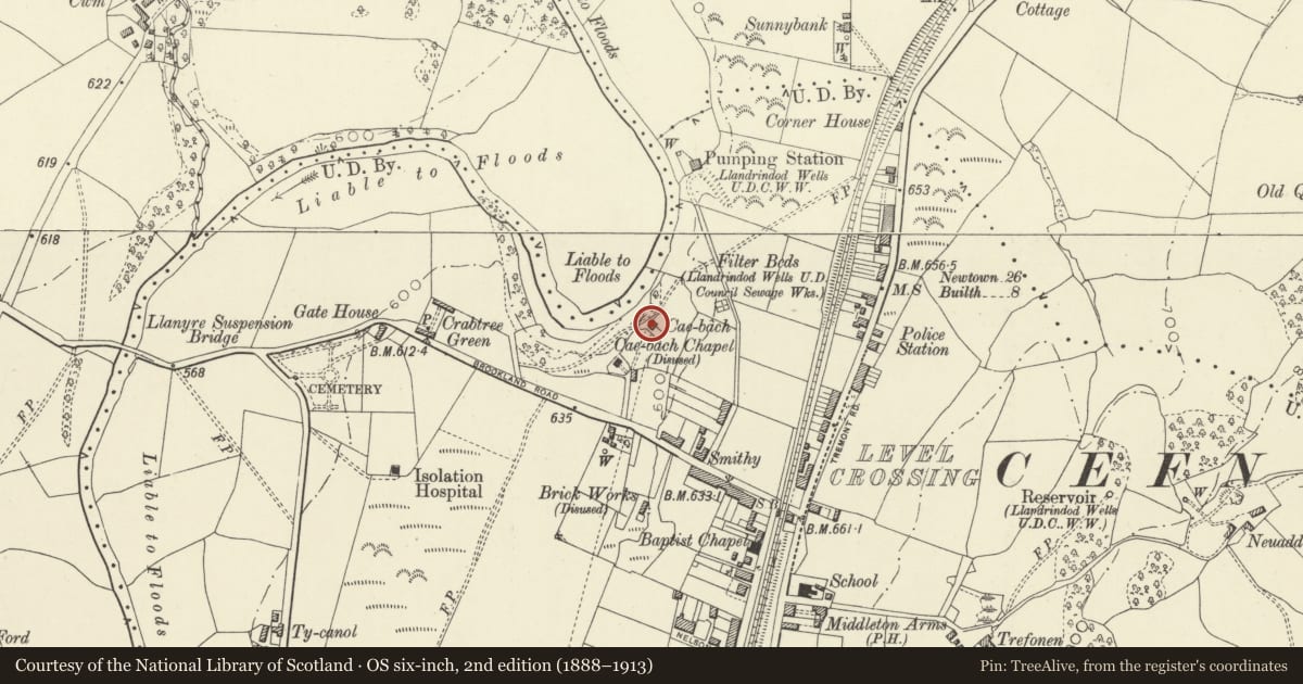 Ordnance Survey six-inch map, 2nd edition (1888–1913) covering the location of Cae-Bach Farmhouse, Llandrindod Wells, Powys, with a pin at the register's coordinates