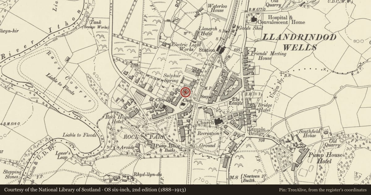 Ordnance Survey six-inch map, 2nd edition (1888–1913) covering the location of Oxford Chambers, Printers, Braddon, Oxford House, Greenstiles Cycles, Llandrindod Wells, Powys, with a pin at the register's coordinates
