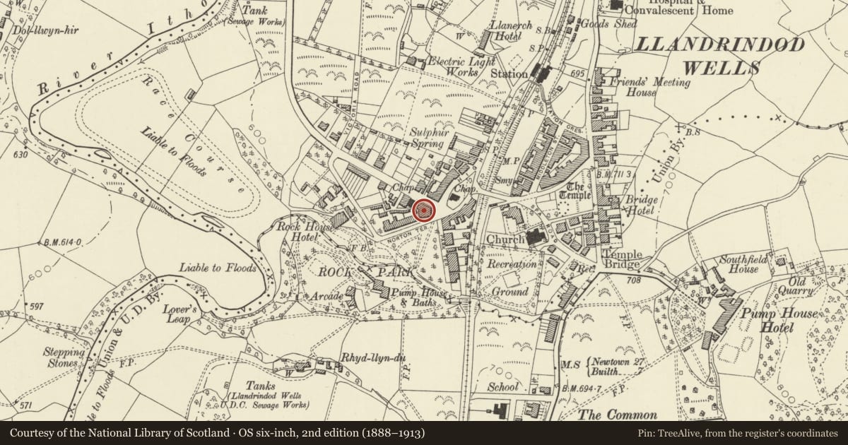 Ordnance Survey six-inch map, 2nd edition (1888–1913) covering the location of Radnor District Council Offices (formerly Gwalia Hotel), Llandrindod Wells, Powys, with a pin at the register's coordinates