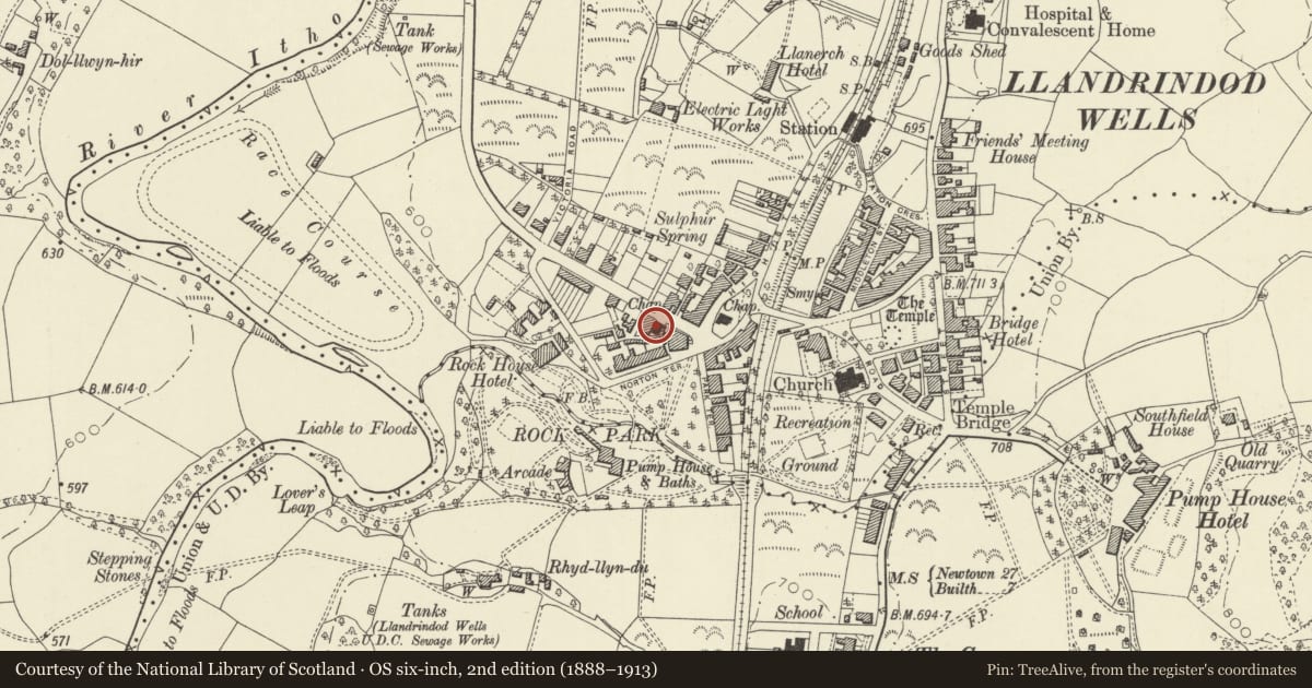 Ordnance Survey six-inch map, 2nd edition (1888–1913) covering the location of Presbyterian Chapel, Llandrindod Wells, Powys, with a pin at the register's coordinates