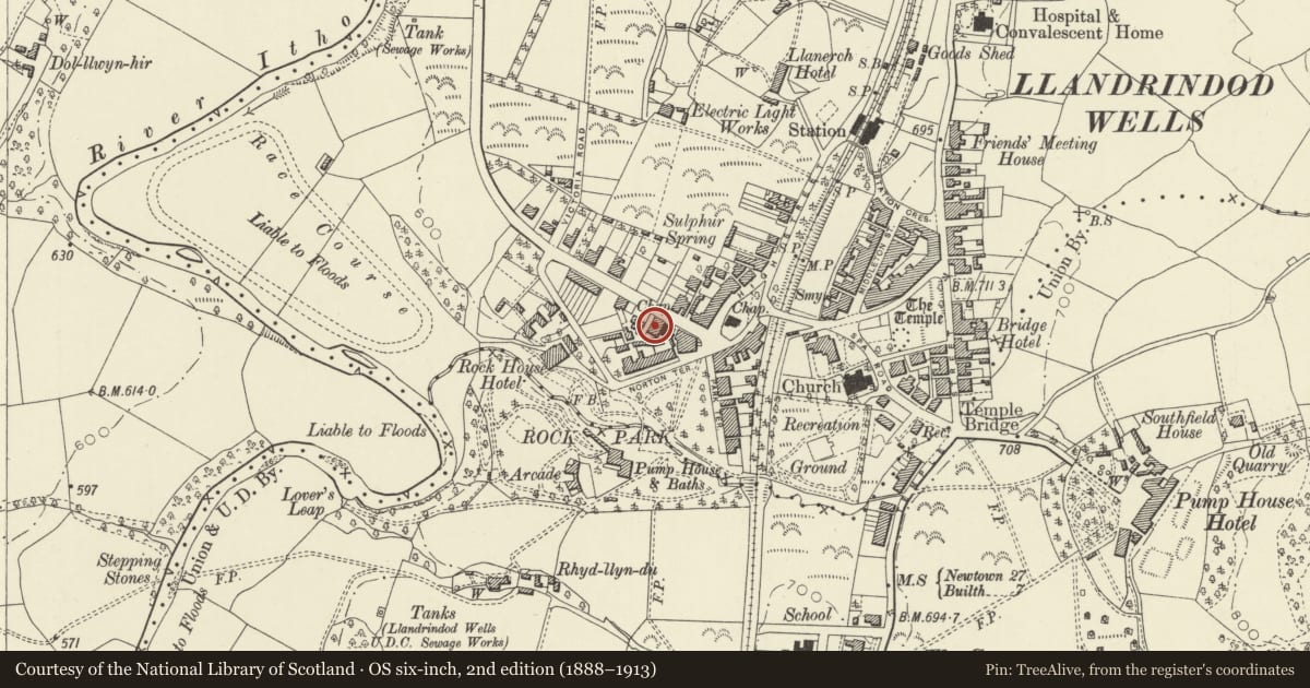 Ordnance Survey six-inch map, 2nd edition (1888–1913) covering the location of Albert Hall, Llandrindod Wells, Powys, with a pin at the register's coordinates