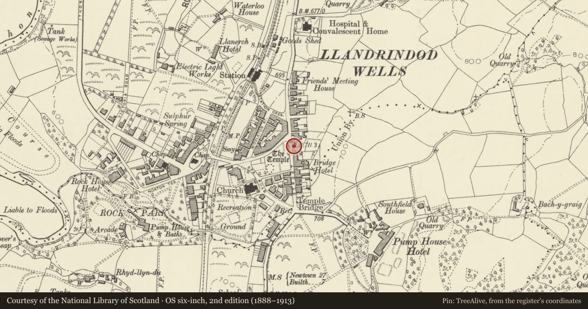 Ordnance Survey six-inch map, 2nd edition (1888–1913) covering the location of War Memorial, Llandrindod Wells, Powys, with a pin at the register's coordinates