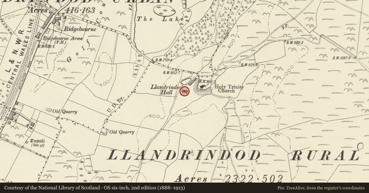 Ordnance Survey six-inch map, 2nd edition (1888–1913) covering the location of Llandrindod Hall, Llandrindod Wells, Powys, with a pin at the register's coordinates