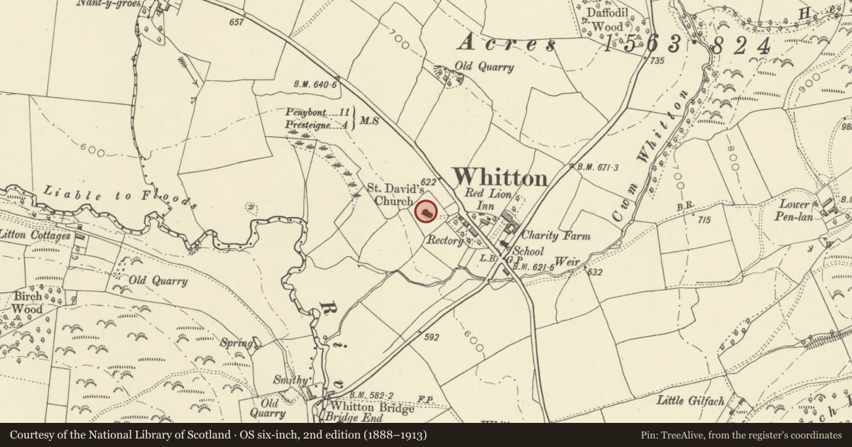 Ordnance Survey six-inch map, 2nd edition (1888–1913) covering the location of Church of St David, Whitton, Powys, with a pin at the register's coordinates