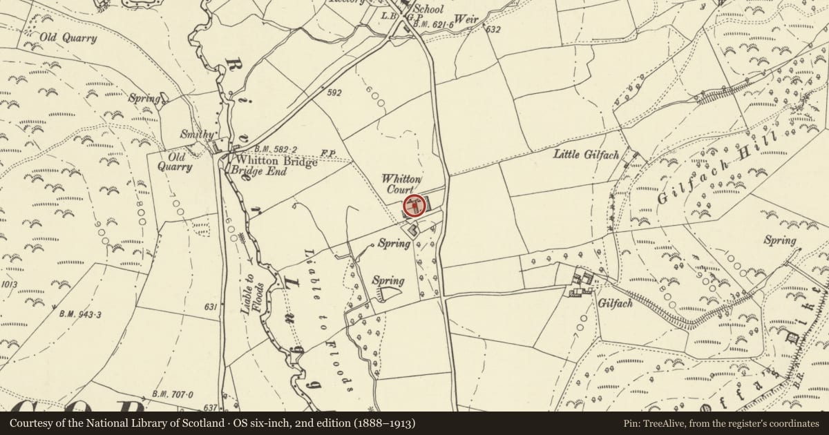 Ordnance Survey six-inch map, 2nd edition (1888–1913) covering the location of Farm Range (B) at Whitton Court, Powys, with a pin at the register's coordinates