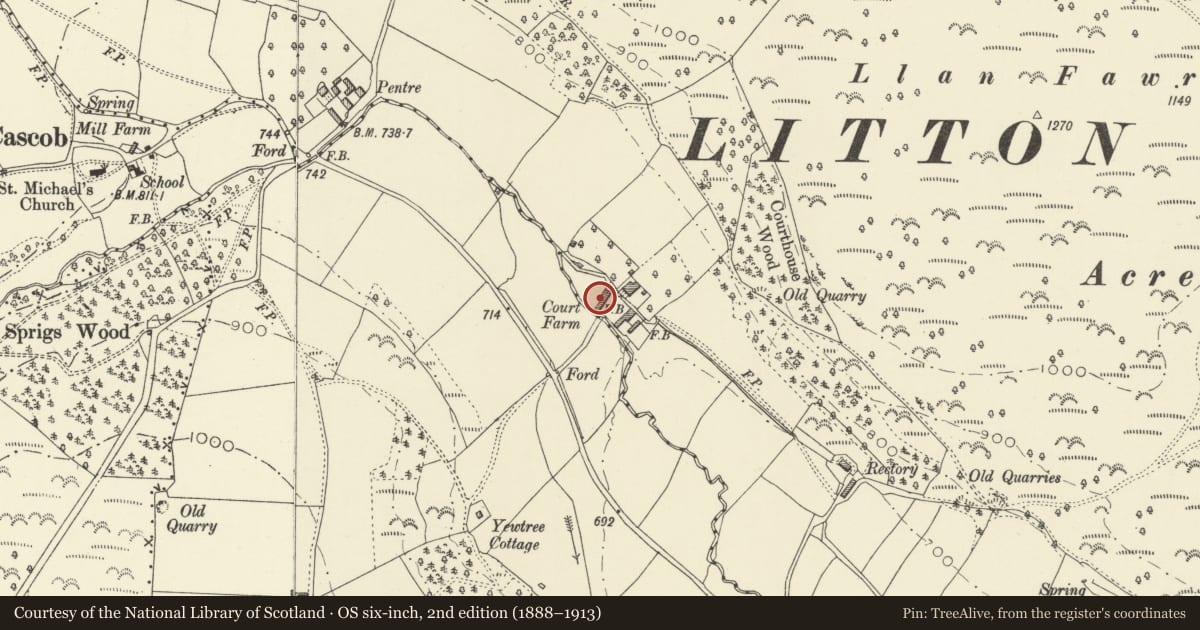 Ordnance Survey six-inch map, 2nd edition (1888–1913) covering the location of Farm Range to SW of Court Farmhouse, Whitton, Powys, with a pin at the register's coordinates