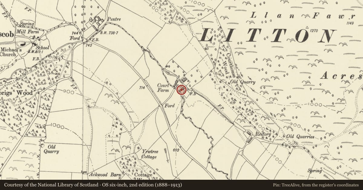 Ordnance Survey six-inch map, 2nd edition (1888–1913) covering the location of Farm Range to SE of Court Farmhouse, Whitton, Powys, with a pin at the register's coordinates