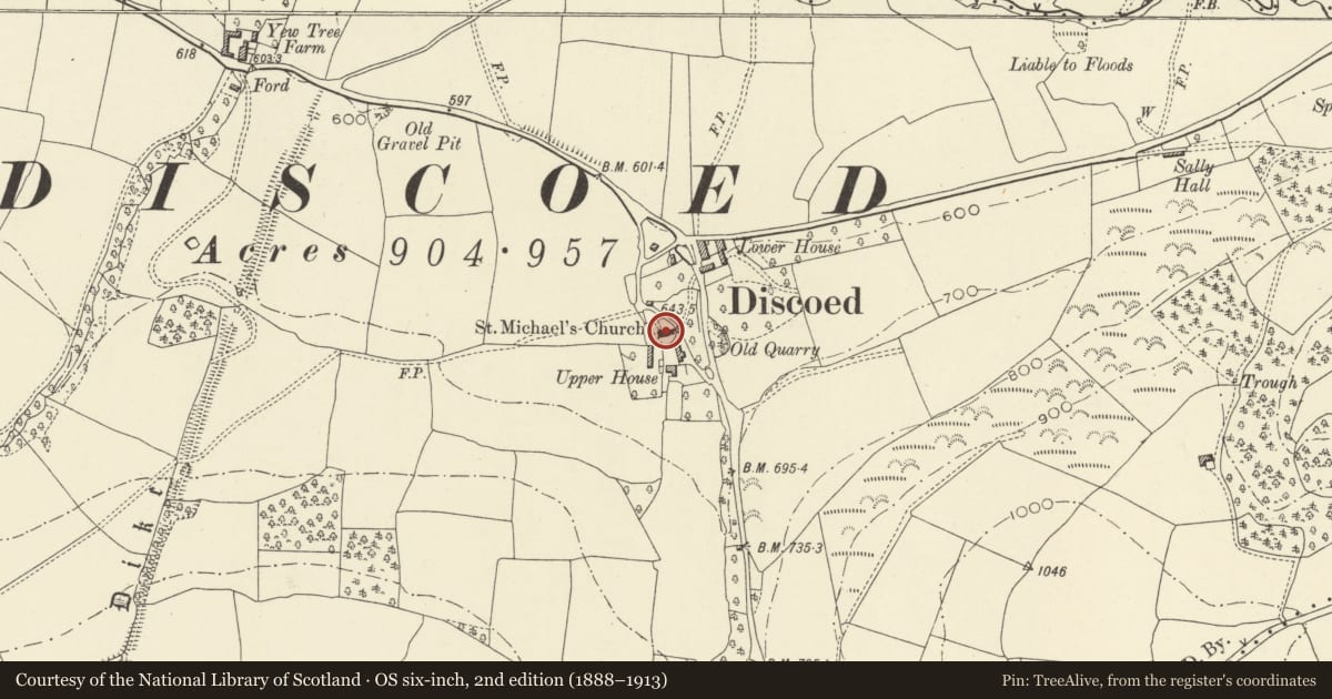 Ordnance Survey six-inch map, 2nd edition (1888–1913) covering the location of Church of St Michael, Whitton, Powys, with a pin at the register's coordinates