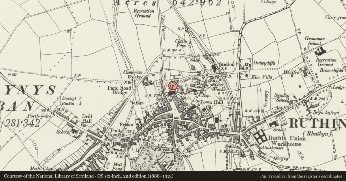 Ordnance Survey six-inch map, 2nd edition (1888–1913) covering the location of Garden boundary wall E, N&W of the Old Cloisters, Ruthin, Denbighshire, with a pin at the register's coordinates