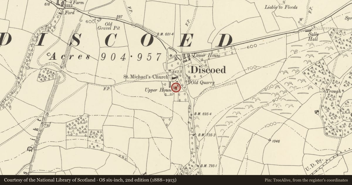 Ordnance Survey six-inch map, 2nd edition (1888–1913) covering the location of Upper House, Whitton, Powys, with a pin at the register's coordinates