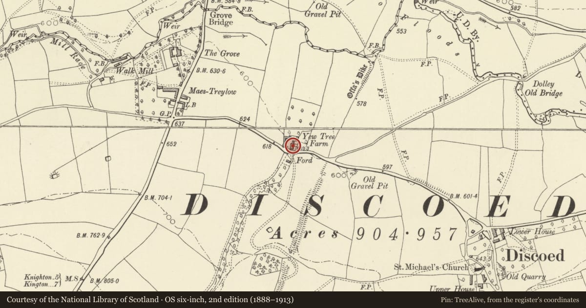 Ordnance Survey six-inch map, 2nd edition (1888–1913) covering the location of Yew Tree Farmhouse, Whitton, Powys, with a pin at the register's coordinates