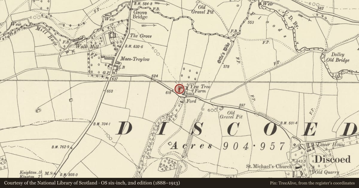 Ordnance Survey six-inch map, 2nd edition (1888–1913) covering the location of Outbuilding at Yew Treet Farm, Whitton, Powys, with a pin at the register's coordinates
