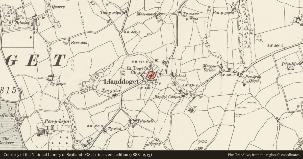 Ordnance Survey six-inch map, 2nd edition (1888–1913) covering the location of Church of St Ddoged, Llanddoged and Maenan, Conwy, with a pin at the register's coordinates