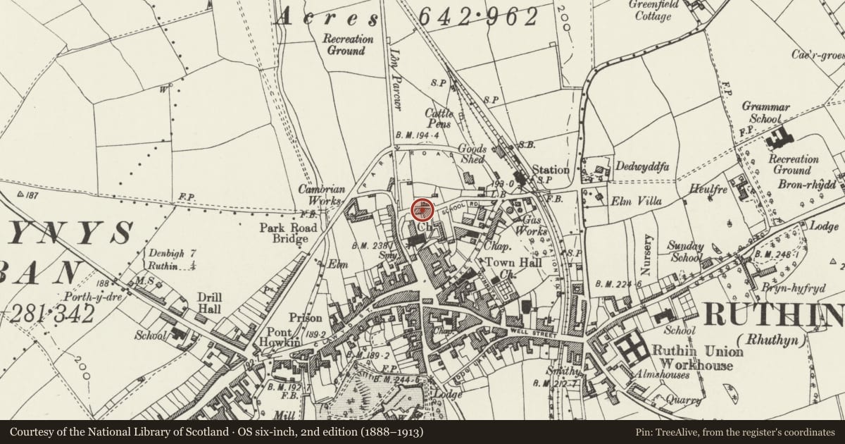Ordnance Survey six-inch map, 2nd edition (1888–1913) covering the location of The Church House (Old Grammar School), Ruthin, Denbighshire, with a pin at the register's coordinates