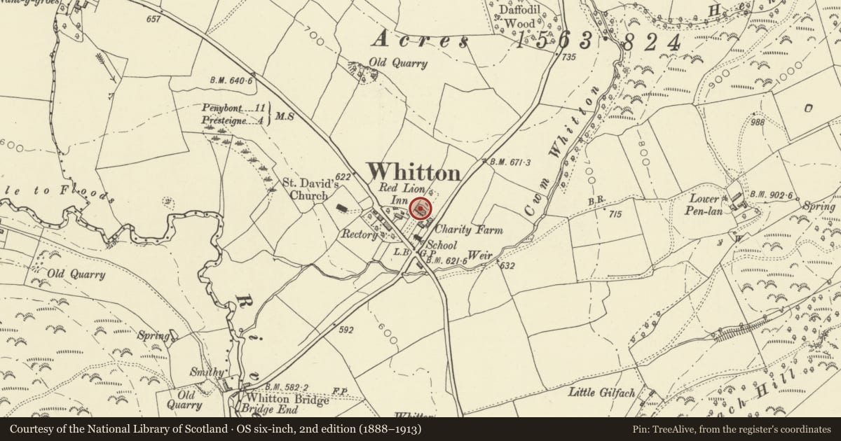 Ordnance Survey six-inch map, 2nd edition (1888–1913) covering the location of The Schoolhouse, Whitton, Powys, with a pin at the register's coordinates