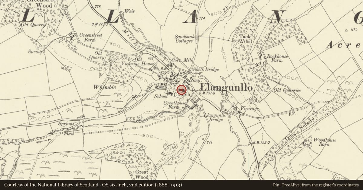 Ordnance Survey six-inch map, 2nd edition (1888–1913) covering the location of Church of St. Cynllo, Llangunllo, Powys, with a pin at the register's coordinates