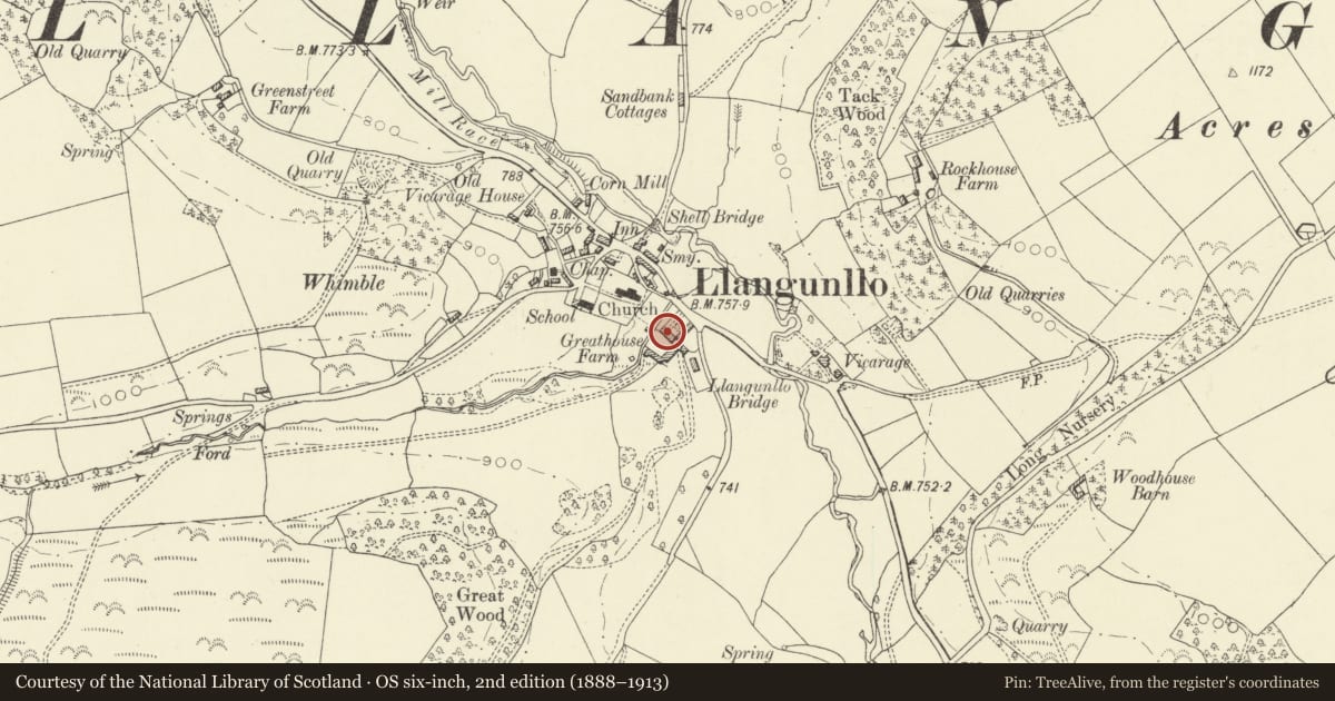 Ordnance Survey six-inch map, 2nd edition (1888–1913) covering the location of The Great House, Llangunllo, Powys, with a pin at the register's coordinates