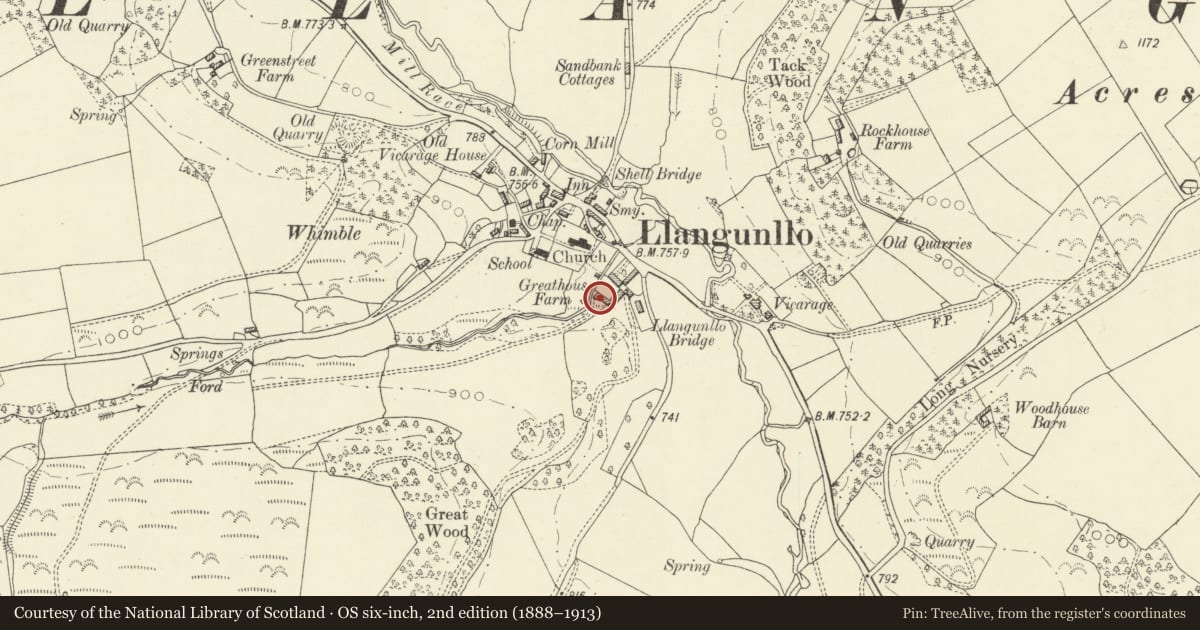 Ordnance Survey six-inch map, 2nd edition (1888–1913) covering the location of Barn to SW of The Great House, Llangunllo, Powys, with a pin at the register's coordinates