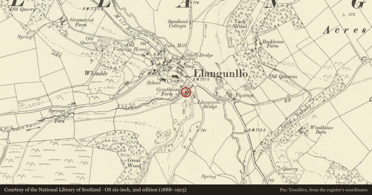 Ordnance Survey six-inch map, 2nd edition (1888–1913) covering the location of Farm Range to south of The Great House, Llangunllo, Powys, with a pin at the register's coordinates