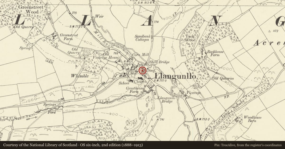 Ordnance Survey six-inch map, 2nd edition (1888–1913) covering the location of The Post Office, Llangunllo, Powys, with a pin at the register's coordinates