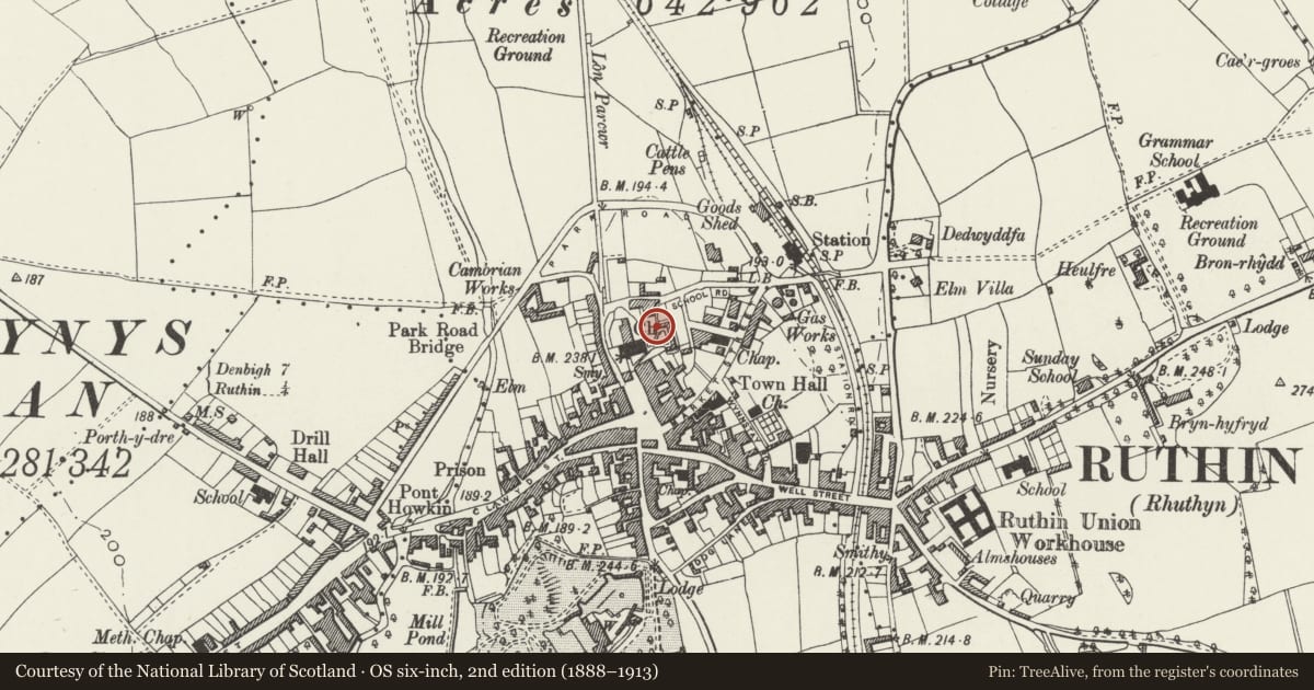Ordnance Survey six-inch map, 2nd edition (1888–1913) covering the location of Boundary walls to the Church House and Memorial House, Ruthin, Denbighshire, with a pin at the register's coordinates